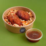 ბრინჯი ბოსტნეულით და ქათმის კოტლეტით