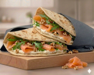 21. Salmone affumicato, Philadelphia, rucola, noci, olio,limone,senape