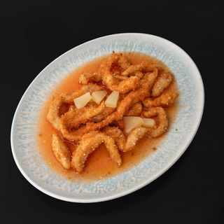 tiras de pollo empanado con salsa agridulce