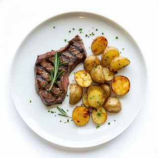 Ración De Patatas Con Carne Asada Y Salsa