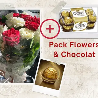 10 Fleurs Rouges Et Blanc + Boite Ferrero De 16