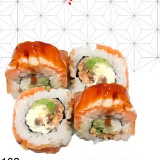 102. Salmón frito aguacate queso y salmón flameado salsa teriyaki