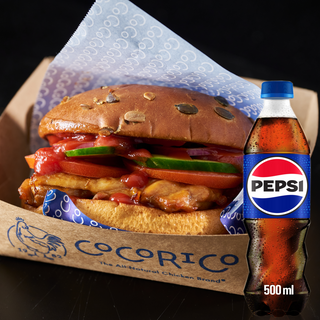 Meniu Burger cu Pulpa de pui Cocorico+Pepsi pet 500 ml