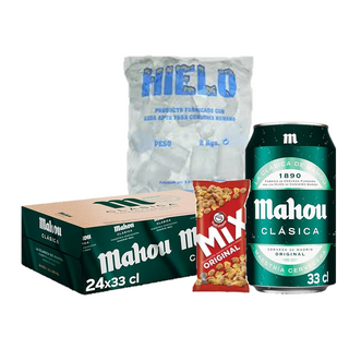 Pack Refrescante 24 Mahou Clasica 33cl + Frutos Secos + Hielo