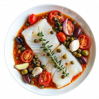 Baccalà in umido capperi olive e origano