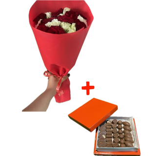 Bouquet moyen avec boîte moyenne bonbon chocolat belge 