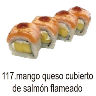 117. Mango Queso Cubierto De Salmón Flameado (8 Pza.)