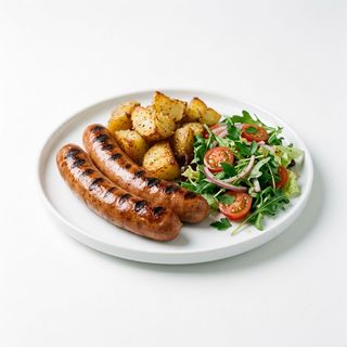 Würstel con patate e insalata