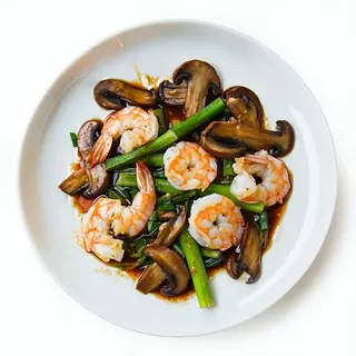 253.-Gamberi saltato con funghi e bambu