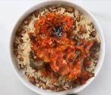 Dried black catfish sauce with white beans & rice 