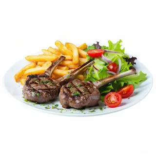 Chuleta de ternera, patatas y ensalada