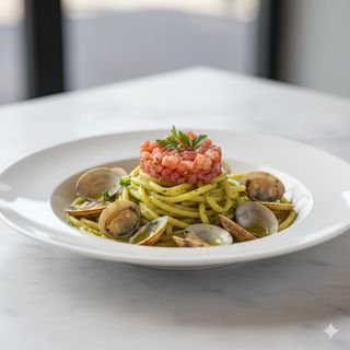 Busiate crema di zucchine, vongole e tartare di gambero rosso