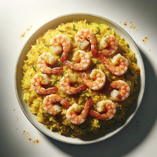 Smażony ryż z curry i mlekiem kokosowym i krewetkami