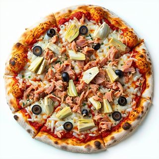 Pomodoro, mozzarella, tonno, carciofi e olive