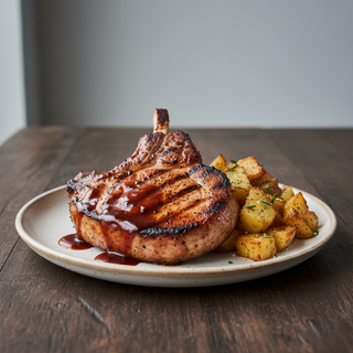 Cotlet de porc  cu os,  sos BBq si  carofi aurii