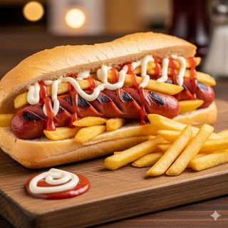 Salsiccia e patatine con maionese e ketchup