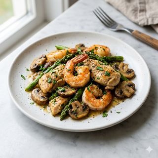 Plato Especial de gambas con Pollo y Champiñones