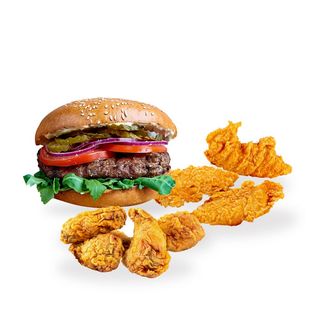 Standard Burger + 3 stripsy z kurczaka + 4 panierowane skrzydełka