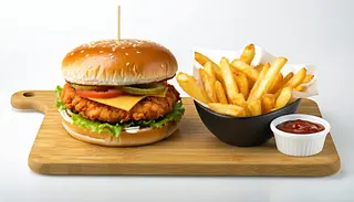 Burger crispy cu cartofi dippers