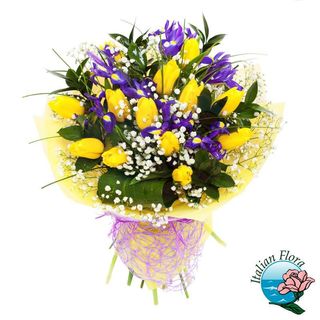 Bouquet di tulipani gialli e iris blu