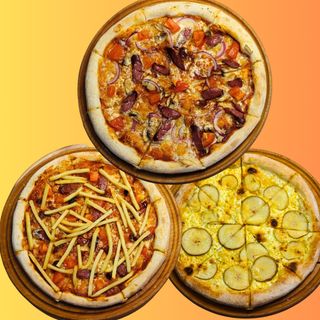 Піци: Фрі + з ковбасками + сирна з грушею стандарт