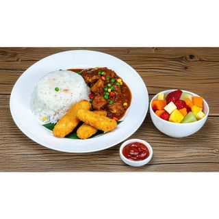 Fish Fingers + Goat Curry + Veg Rice + Fruit Salad
