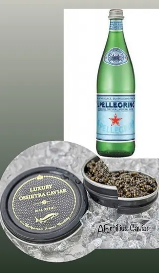 AEmlls хайвер от руска есетра GUE (125г) + газирана вода San Pelegrino