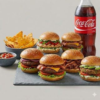 Mini burger da 6 pezzi + tortillas + salsa tortillas + bibita 1,5 lt