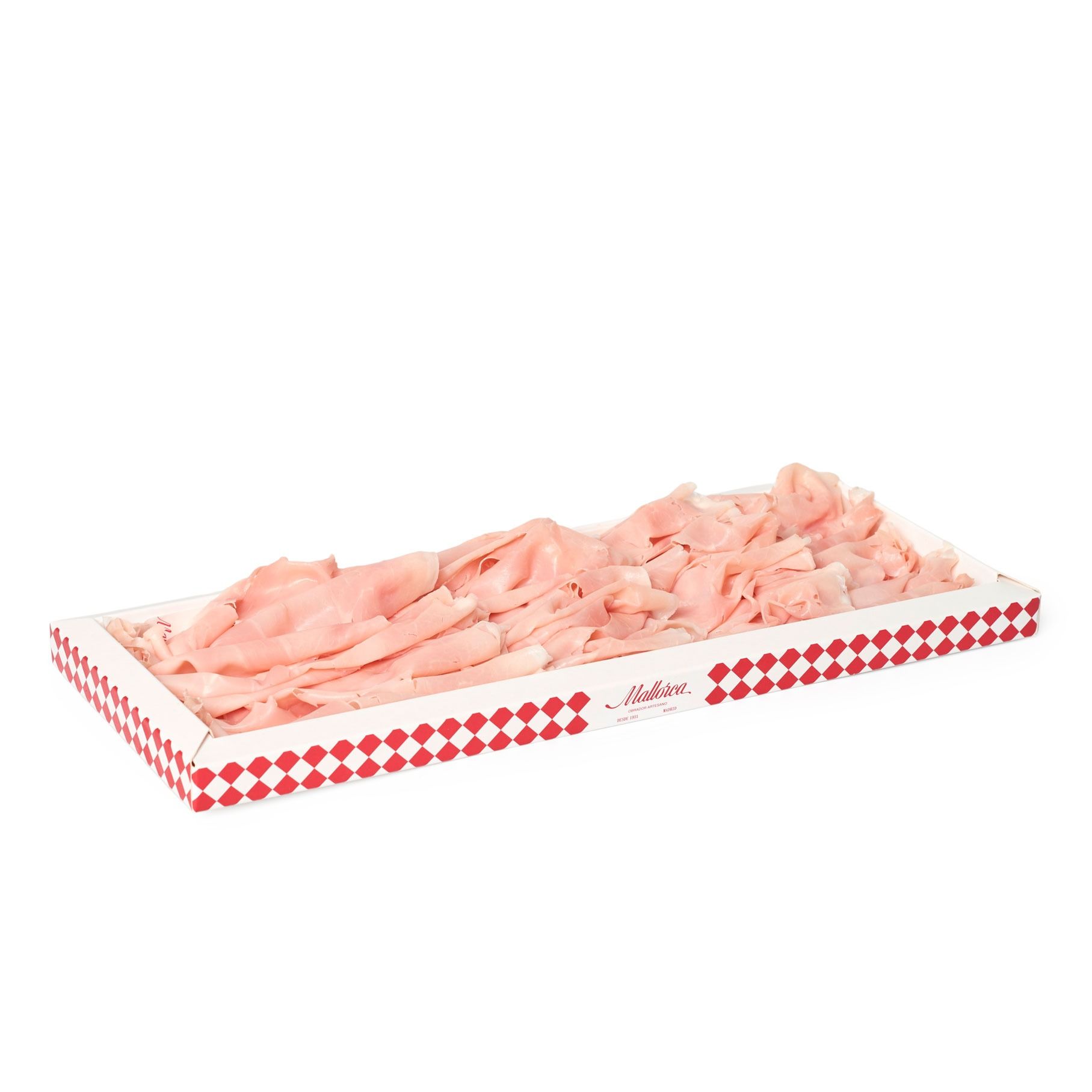 Caja Jamón cocido cortado muy fino. Acompañada de picos camperos