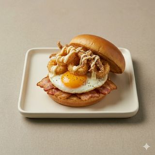 Hamburguesa con calamares y bacón