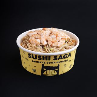 Spaghetti di riso con gamberi e verdure