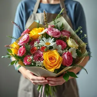 Ramo variado M con flores variadas, margarita , lilium  y algunas rosa.