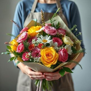 Ramo variado M con flores variadas, margarita , lilium  y algunas rosa.