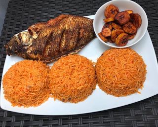 Jollof Rice, Plantain with Hake Fish & Beef