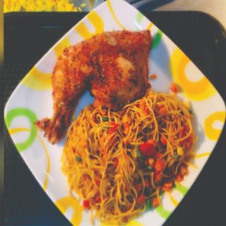 Noodles and fried chicken