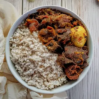 Ofada Rice and Stew (no plantain)