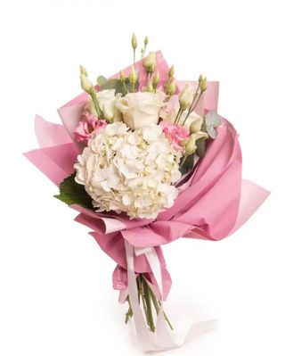 Buchet trandafiri albi și eustoma