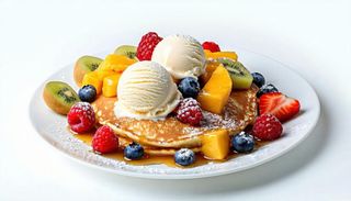 Pancakes con frutta e gelato