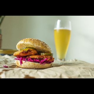 Chicken sandwich and pineapple juice