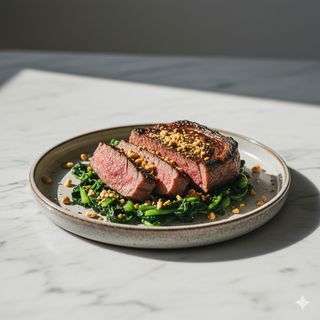 Picanha alla griglia, rape spadellate e nocciole tostate