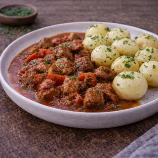 Gulasz węgierski, młode ziemniaki z zupą dnia 600 g