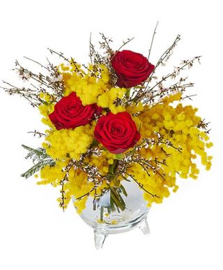 MAZZO DI 3 ROSE ROSSE E MIMOSA