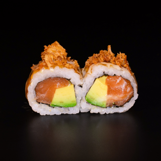 113. Uramaki de salmón con aguacate y cebolla (8uds)