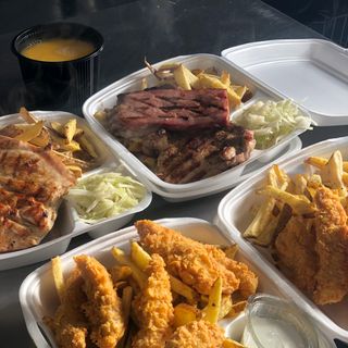 Meniul zilei - Ceafa la Gratar , Cartofi prajiti cu ciorba a la grec de pui