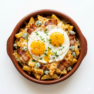 Huevos rotos con bacon y queso azul