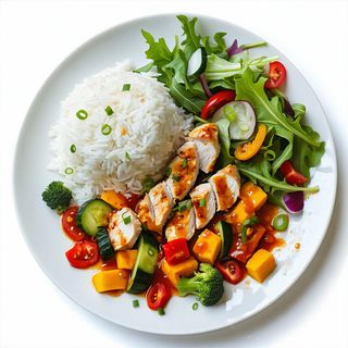 Kurczak z warzywami z ryżem i surówką