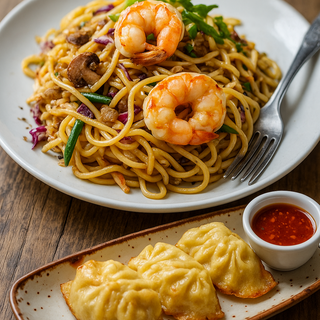 Noodels con gambas + 1 gyosas + 1 bebida +1 postre 