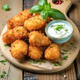 Пилешки хапки пане с млечно-чеснов сос