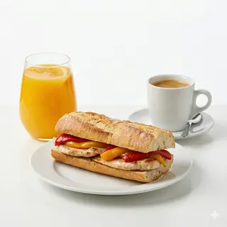Bocadillo de Pollo con Pimiento+Zumo de Fruta Natural+Bebida Caliente