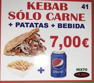 41. Kebab Solo Carne y Salsas+ Patatas + Bebida